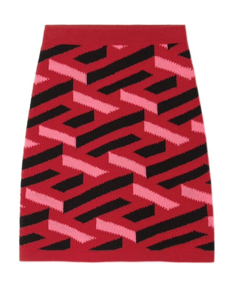 Versace La Greca Motif High Waist Mini Knit Skirt In Red