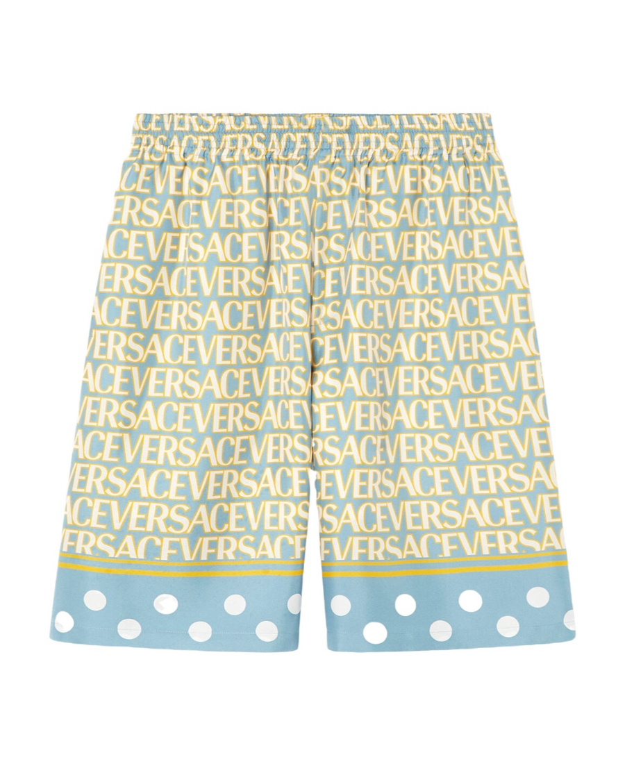 Versace Silk Bermuda Shorts With All-over Logo In Nude