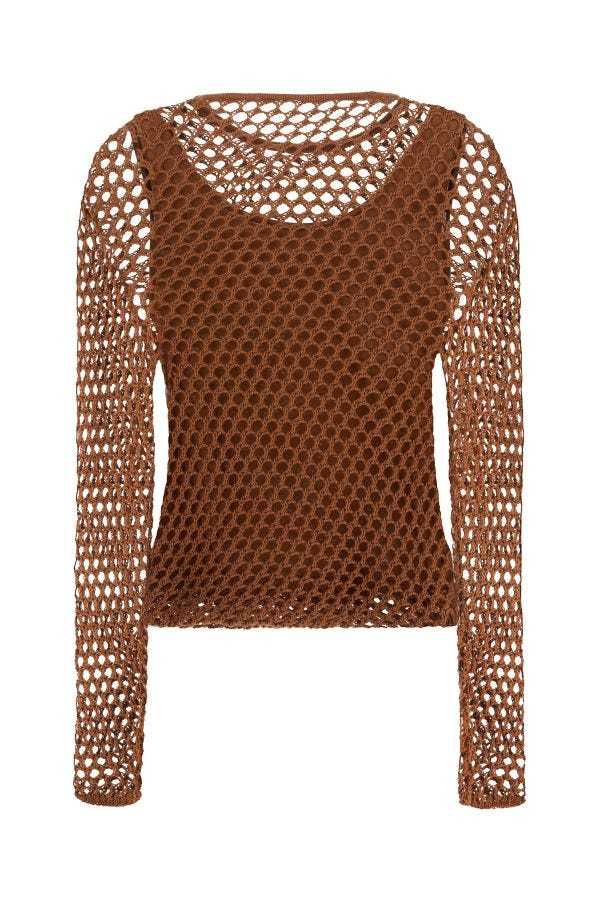 Alberta Ferretti Mesh Top With Long Sleeves And Round Neck In Brown