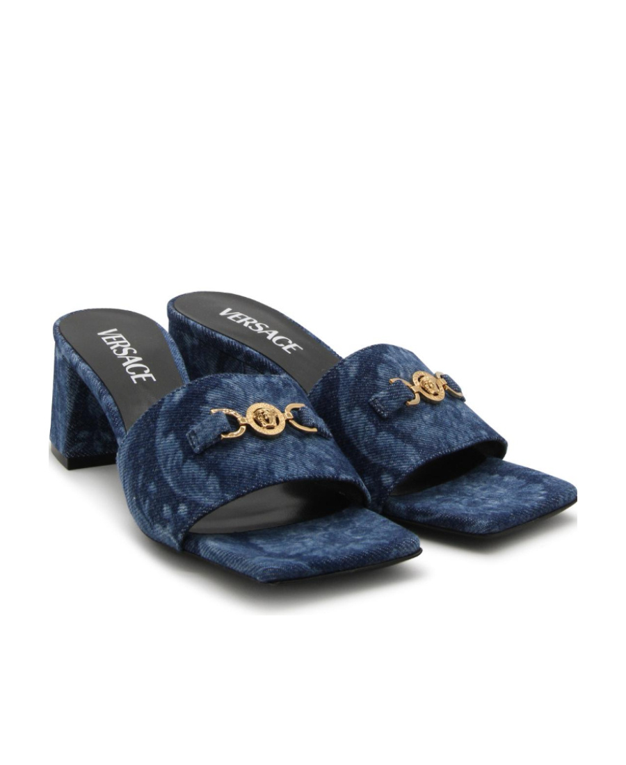 Versace 55mm Denim Mules In Blue