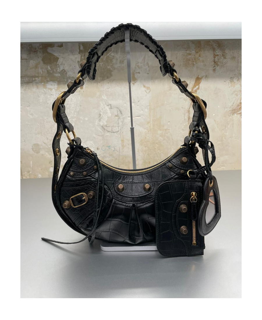 Balenciaga Green Leather Shoulder Handbag With Magnetic Closure And Metal Details In Black