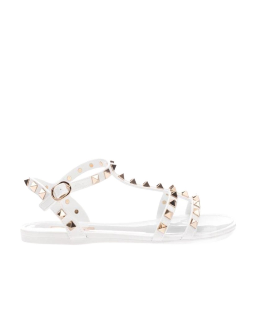 Valentino Rockstud Flat Sandals In White