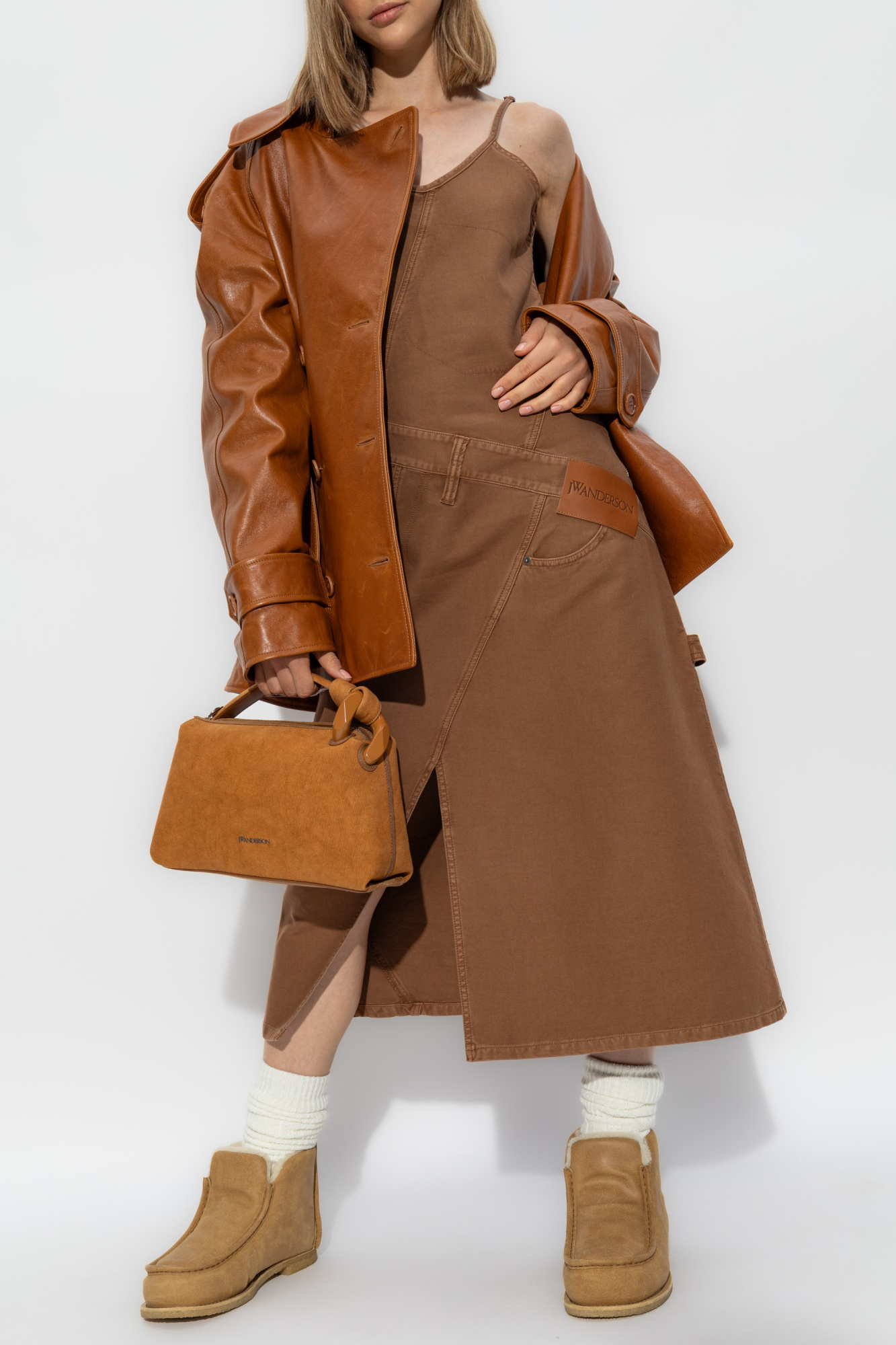 Jw Anderson Logo-appliqué Midi Dress In Brown