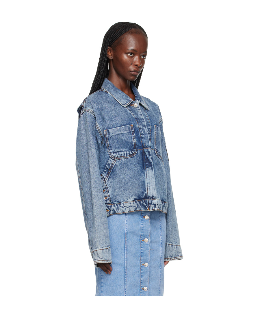 Shop Moschino Slit Long-sleeved Denim Coat In Blue