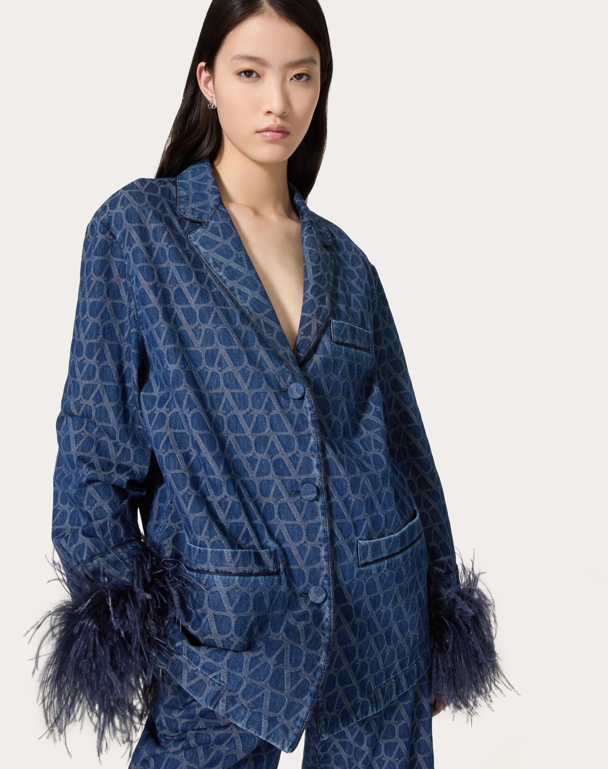 Valentino Chambray Denim Shirt With Feathers Woman Blue 40 In Blue