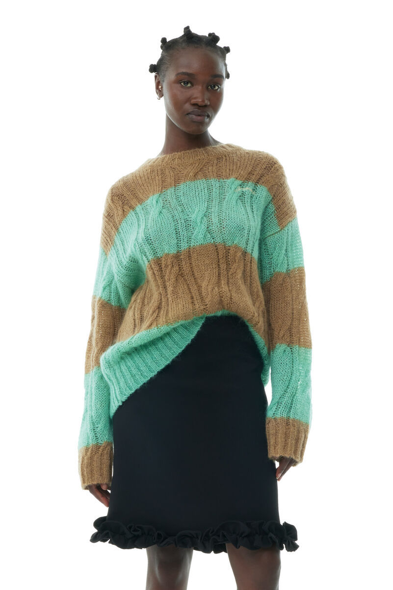 Shop Ganni Striped Mohair Cable O-neck Sweater In Green
