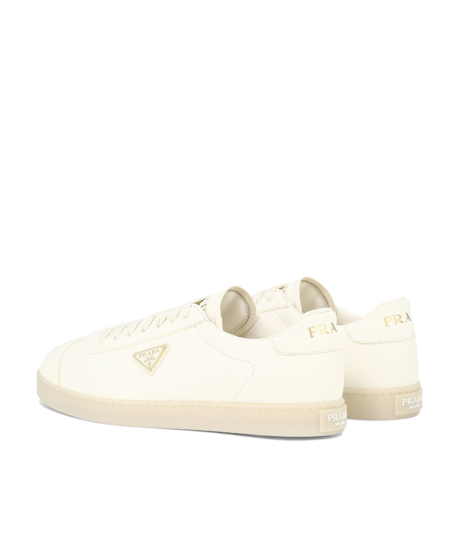 Prada Mens White Triangle-plaque Vintage-effect Leather Low
