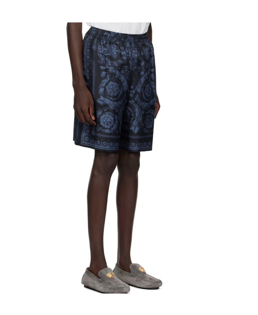 Versace All-over Barroco Print Silk Shorts In Black