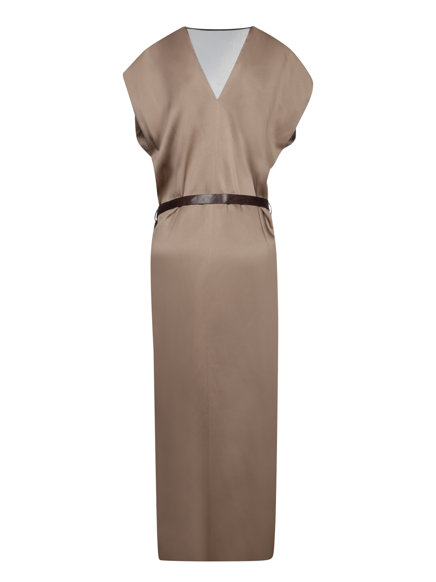 Brunello Cucinelli Taupe Satin Belted Midi Dress In Brown