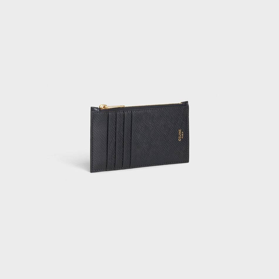 Celine Grain Noodle Calfskin Zipper Compact Card Bag In Black