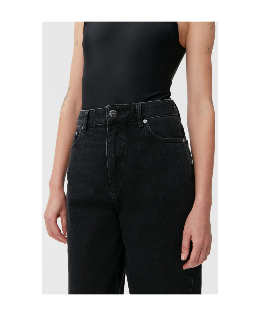 Ganni Black Pants With High Waist And Logo Patch On The Rear In Cotton Woman In Black