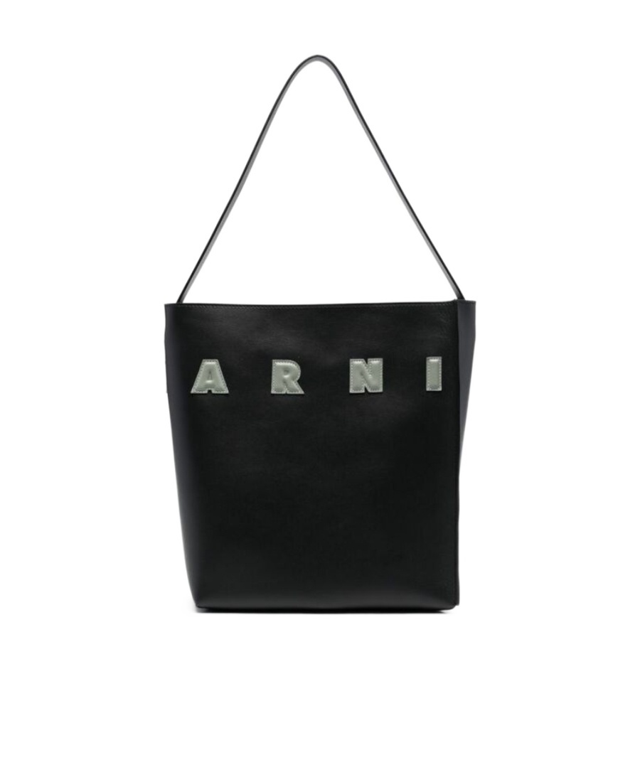 Marni Black White Leather Museo Hobo Bag With Patches In Black