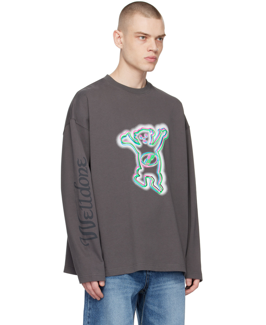 We11 Done Grey Colourful Teddy Print Long Sleeve Cotton T-shirt In Black