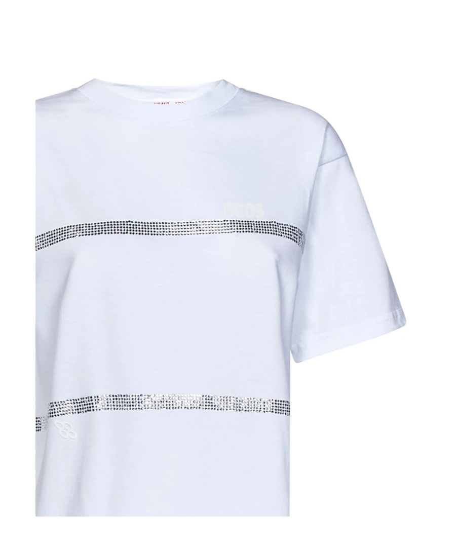 Gcds Striped T-shirt With Rhinestones In White