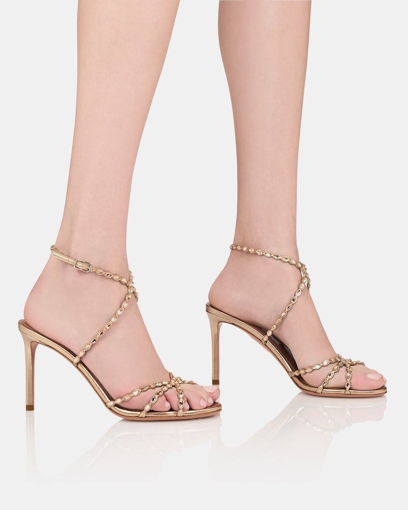 Aquazzura 85mm Love Struck Scalloped Strap Metallic Sandals In Brown
