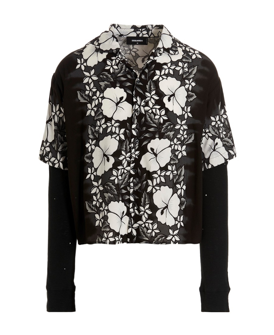Dsquared2 Double-layered Bowling Shirt With Floral Pattern In Black