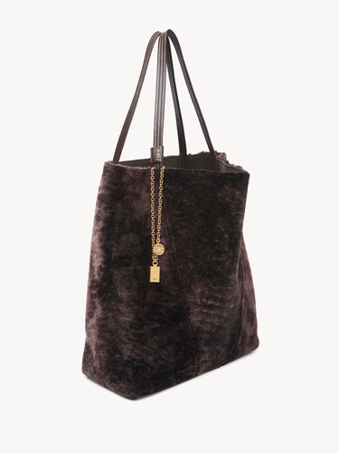 Chloé Spin Leather-trimmed Embellished Shearling Tote In Brown