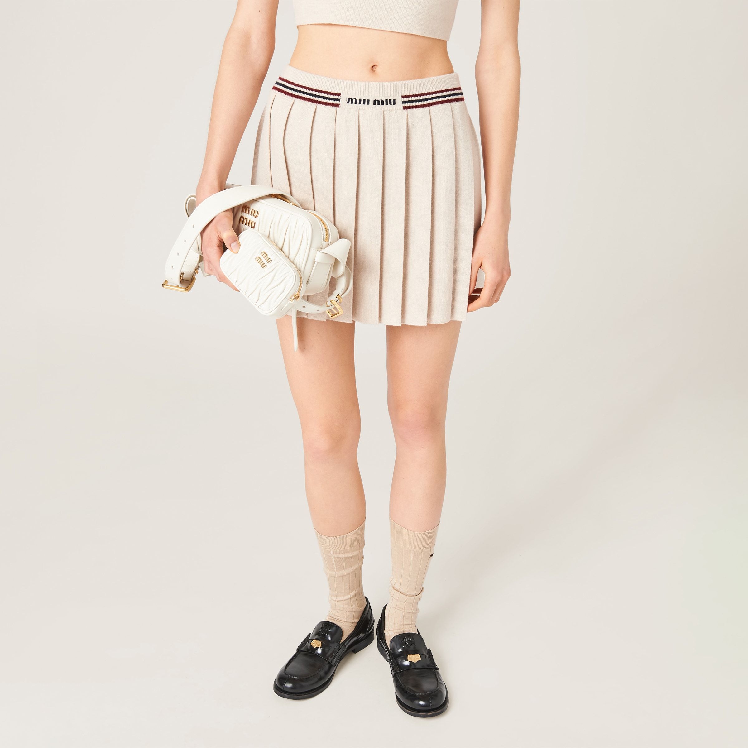 Miu Miu Pleated Knitted Cashmere Miniskirt In Nude