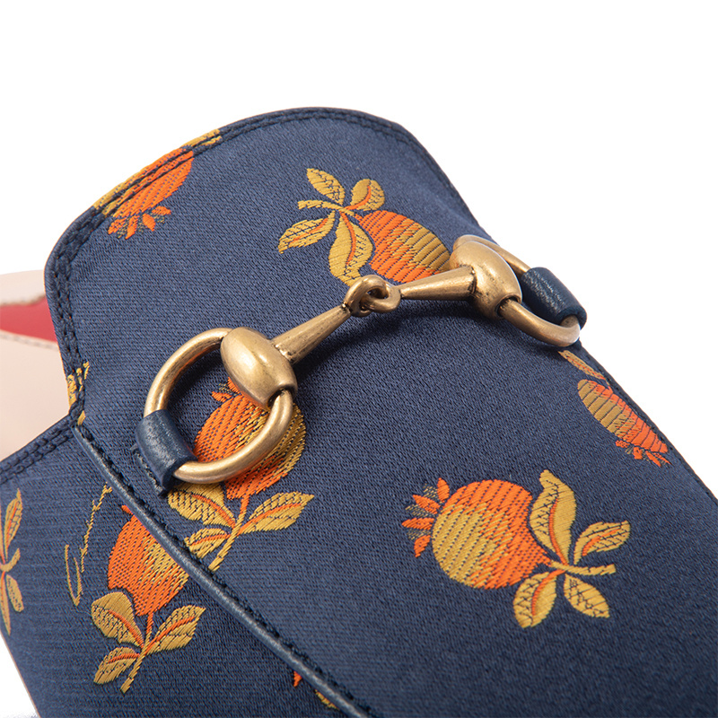 Gucci Horse Title Buckle Fruit Printed Muller Shoes In Blue