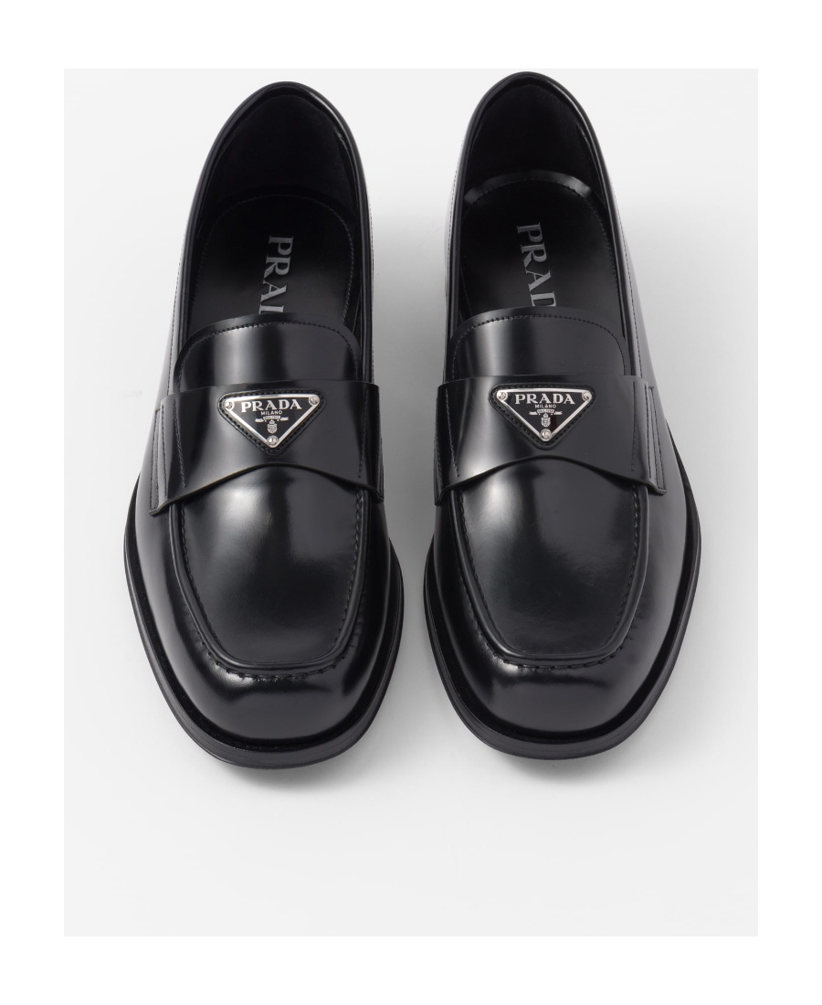 Prada Triangle Logo Chocolate Brushed Leather Loafers In Black