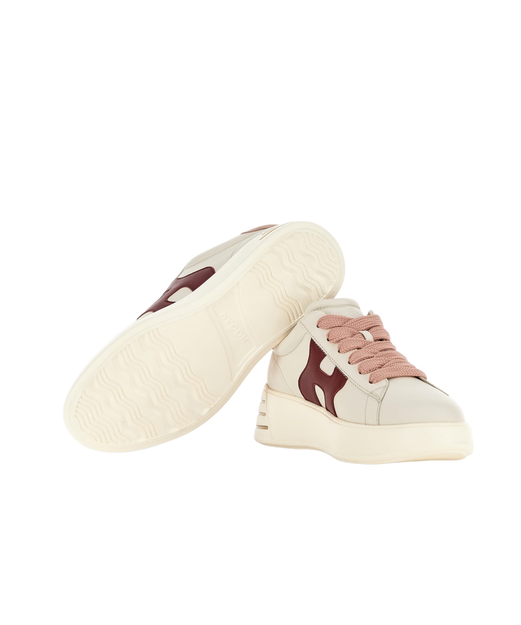 Hogan Rebel Calf Leather Sneakers With Pink Heel In White