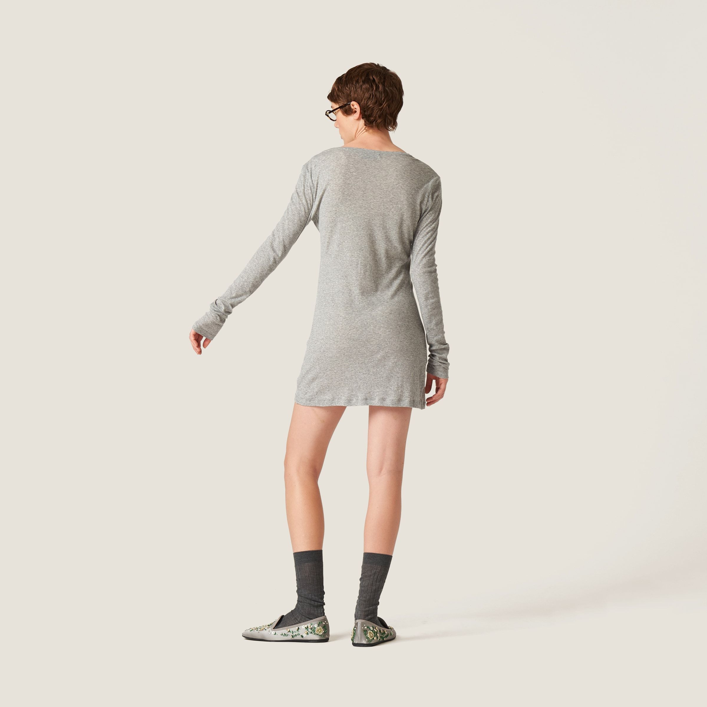 Miu Miu Ribbed Knit Jersey Dress In Gray