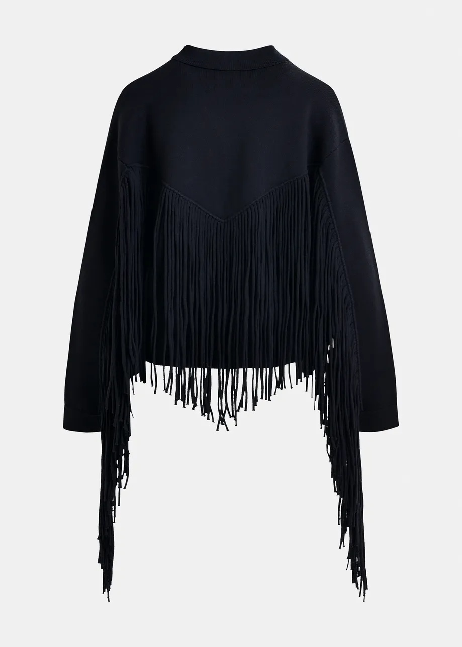 Essentiel Antwerp Navy Cropped Knitted Jacket With Fringe Details In Blue