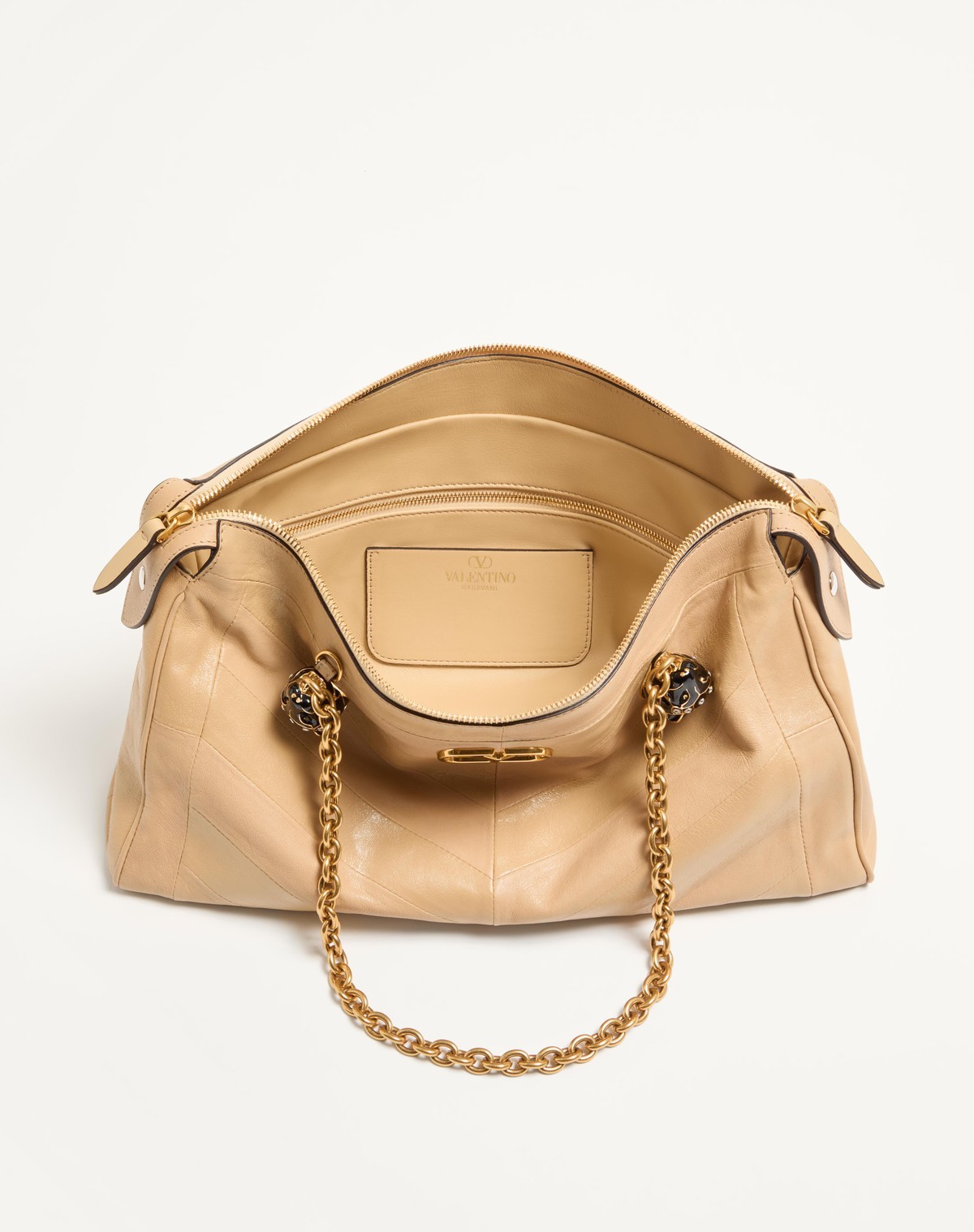 Valentino Garavani Panthea Shoulder Bag In Nappa Leather With Chevron Pattern In Neutral