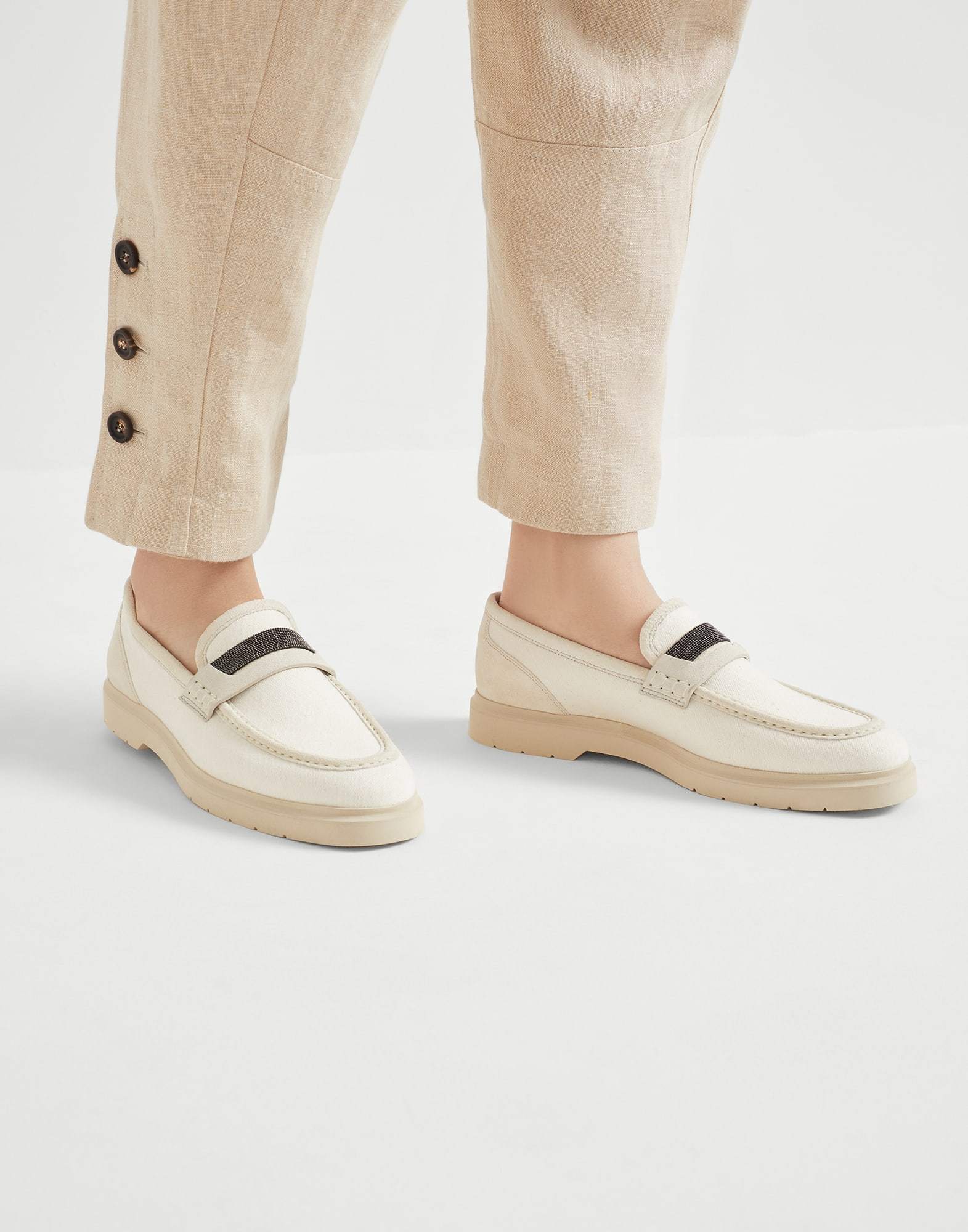 Brunello Cucinelli Beaded Strap Loafers Block Sole In White