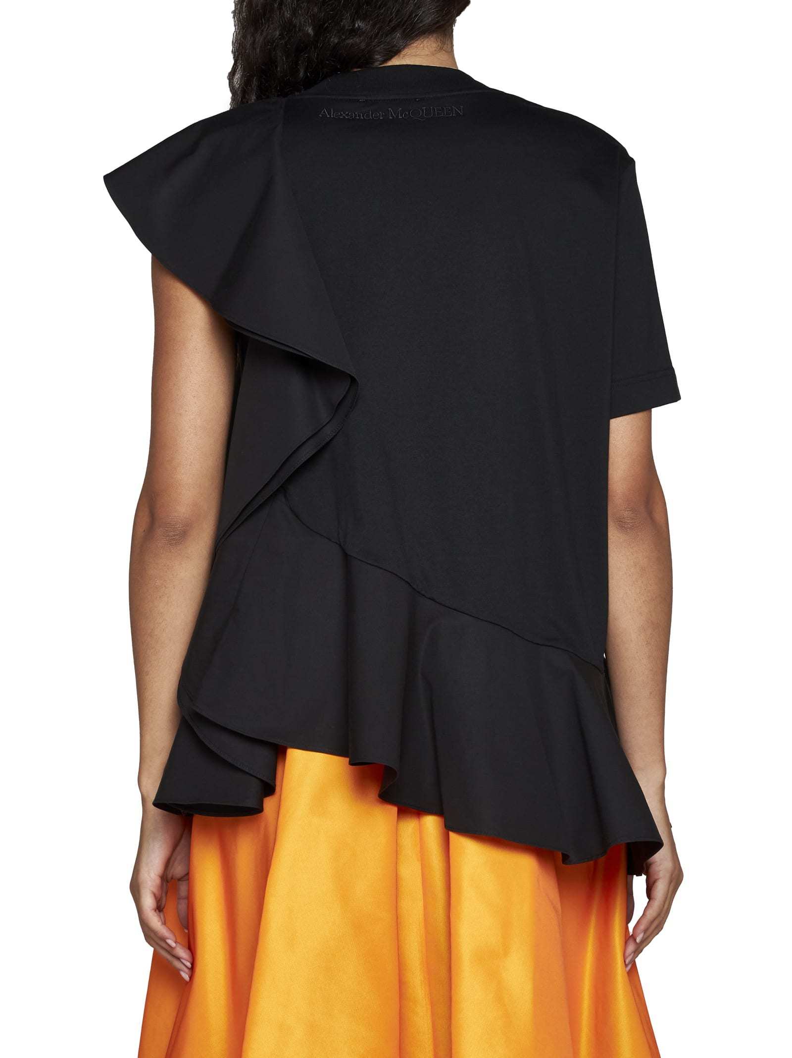 Alexander Mcqueen Mixed Media Ruffle Detail Cotton Top In Black
