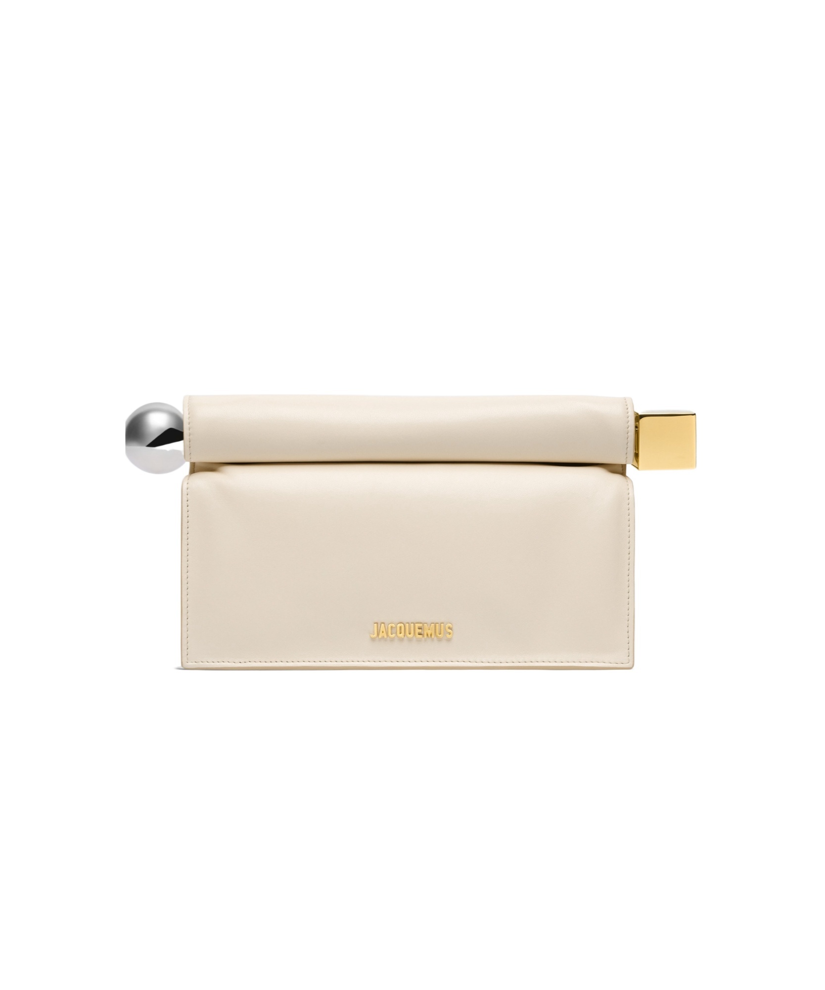 Jacquemus Ivory Leather Clutch Bag With Logo Plaque And Gold Details