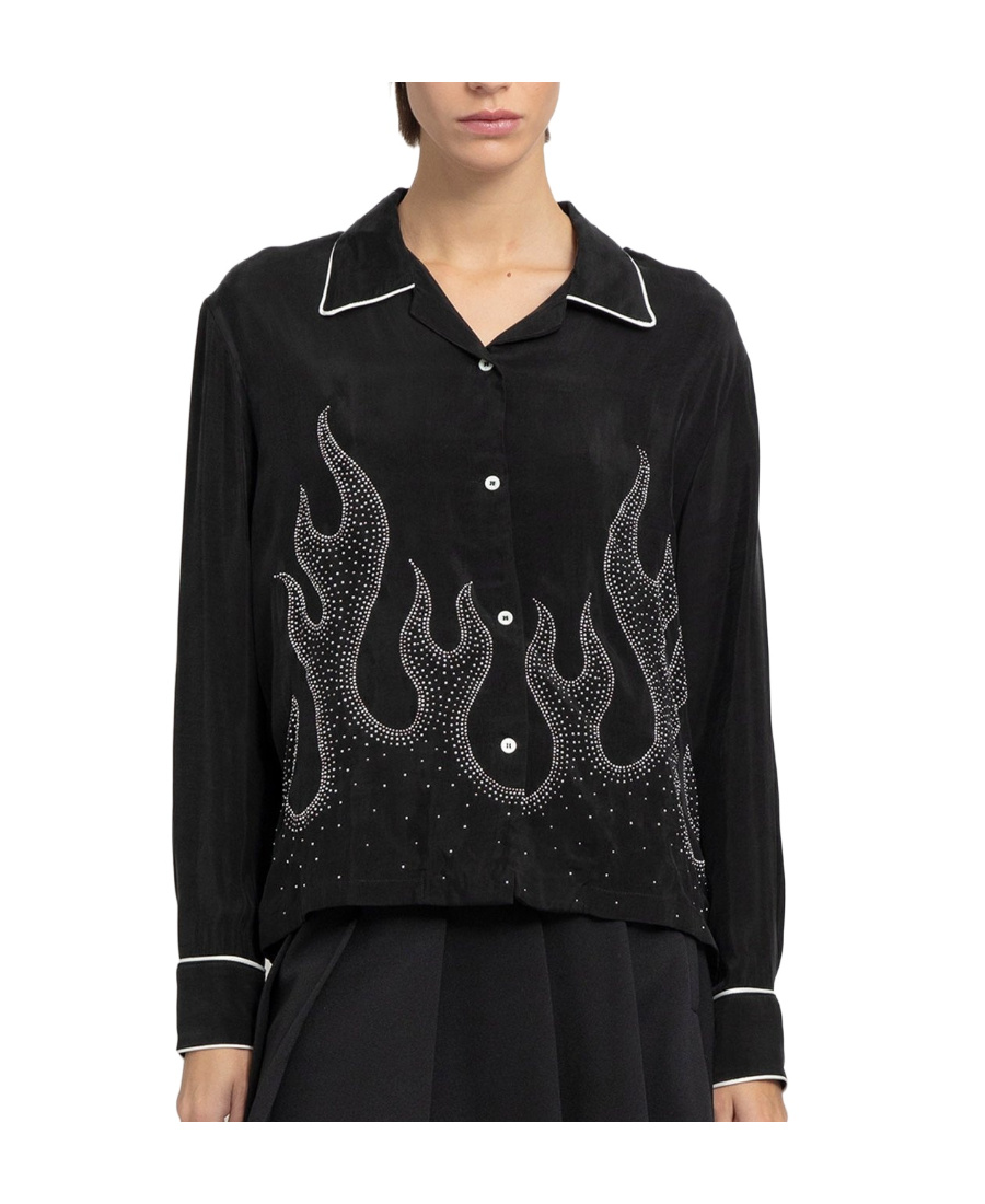 Palm Angels Flame-embroidered Shirt Crystal Embellishments In Black