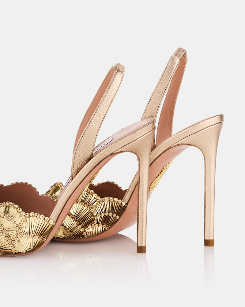 Aquazzura 105mm Ce Soir Sequined Leather Slingback Sandals In Gold