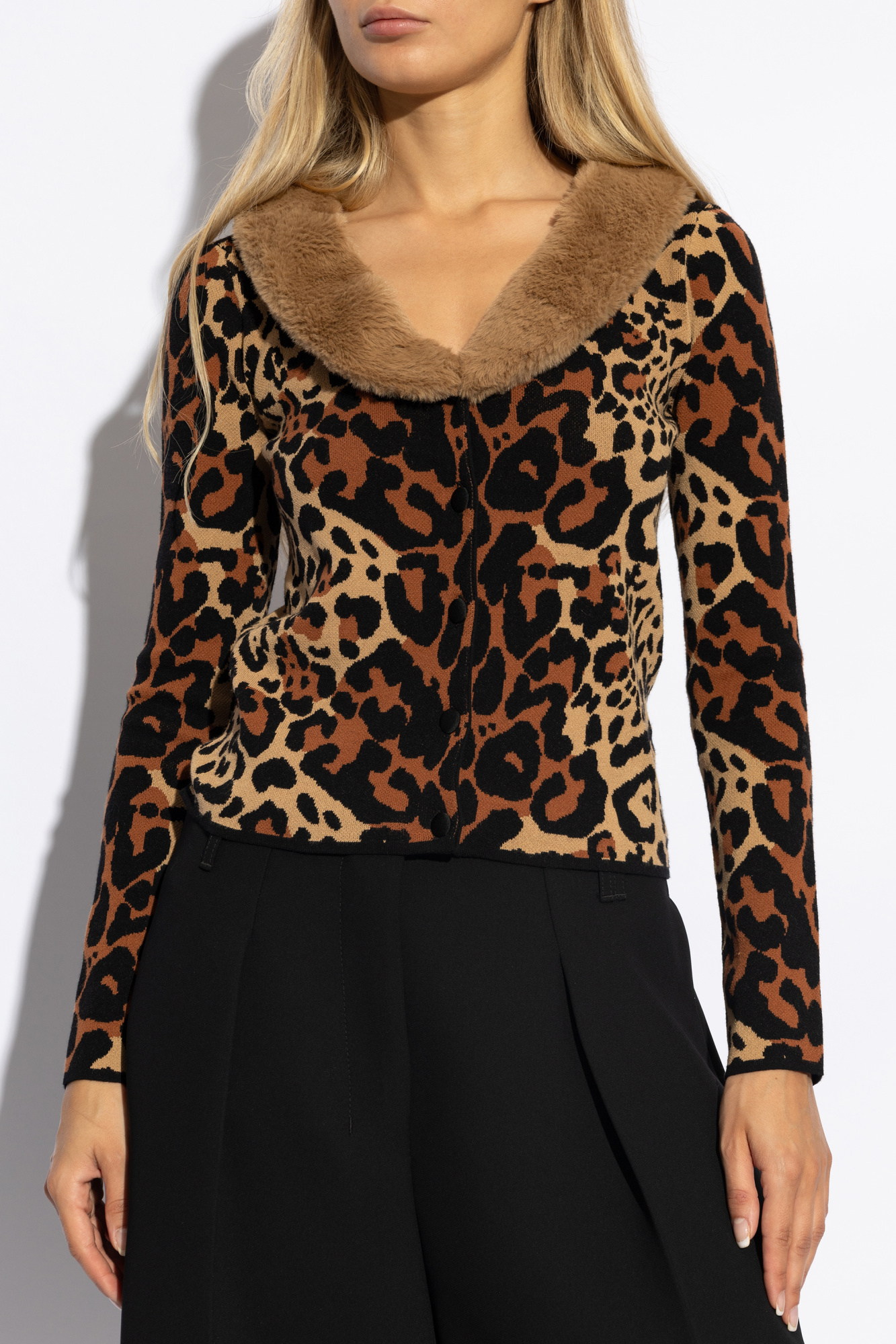 Blumarine Viscose Blend Cardigan With Faux Fur Collar In Brown