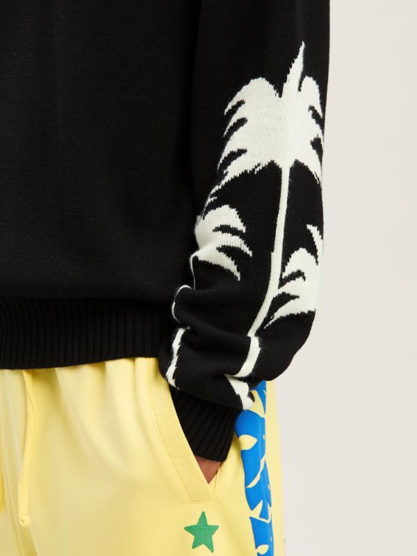 Palm Angels Black Sweater With Palms Motifs In Cotton And Wool Blend Man In Black