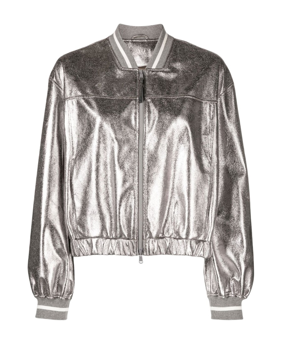 Brunello Cucinelli Laminated Leather Bomber Jacket Puffer Jackets Silver In Metallic