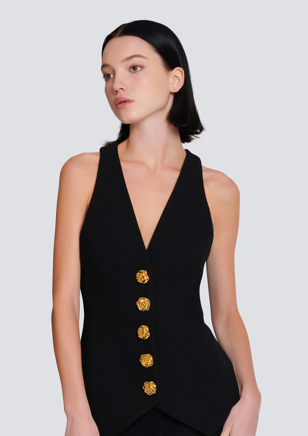 Shop Balmain Rose-button Virgin Wool Waistcoat In Black