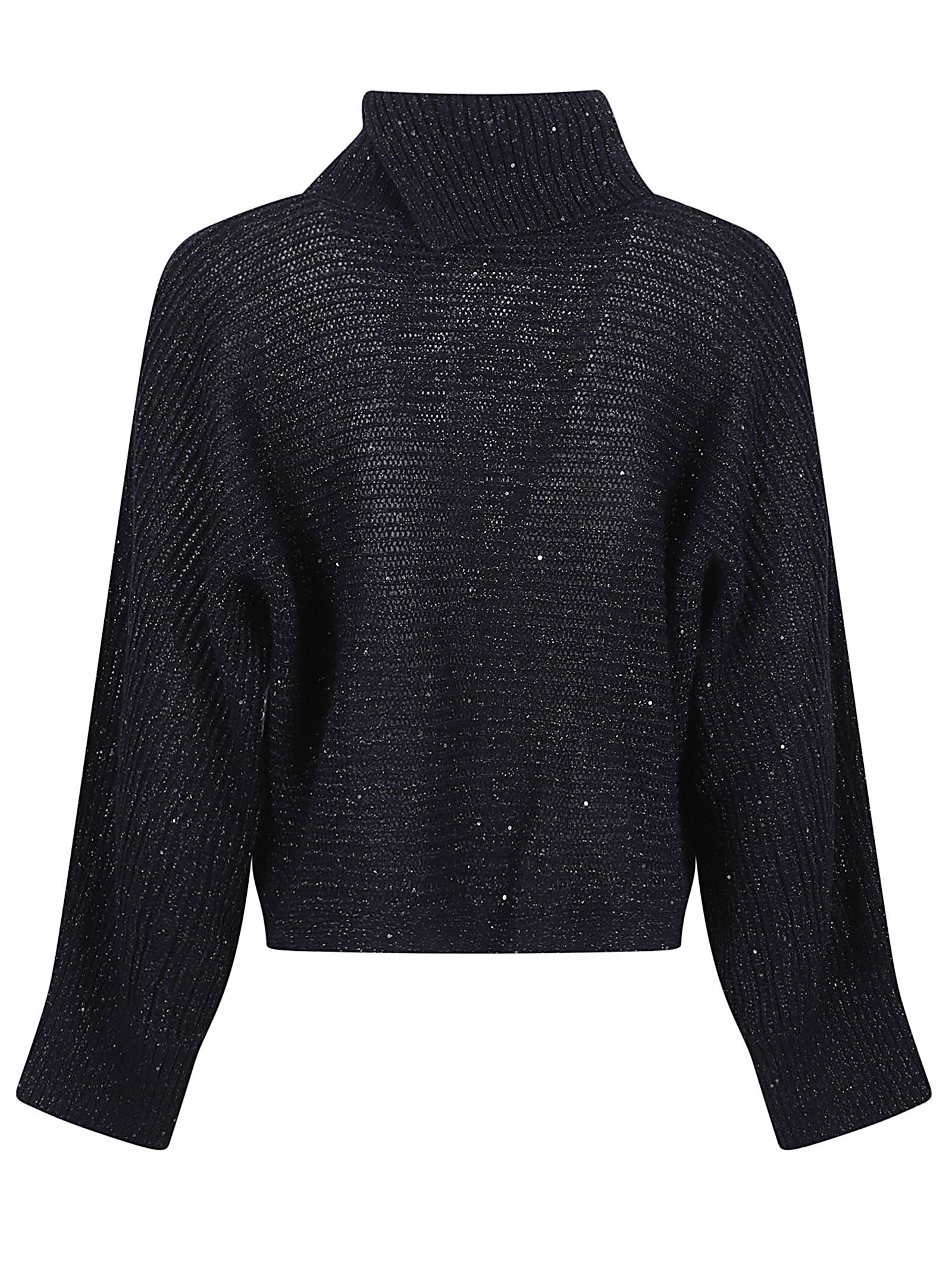 Peserico High Neck Cropped Knit Sweater With Sparkle In Black