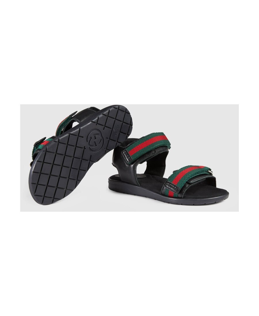 Gucci Unisex Leather Sandals With Web Eu 31 Uk 12.5 Black In Black