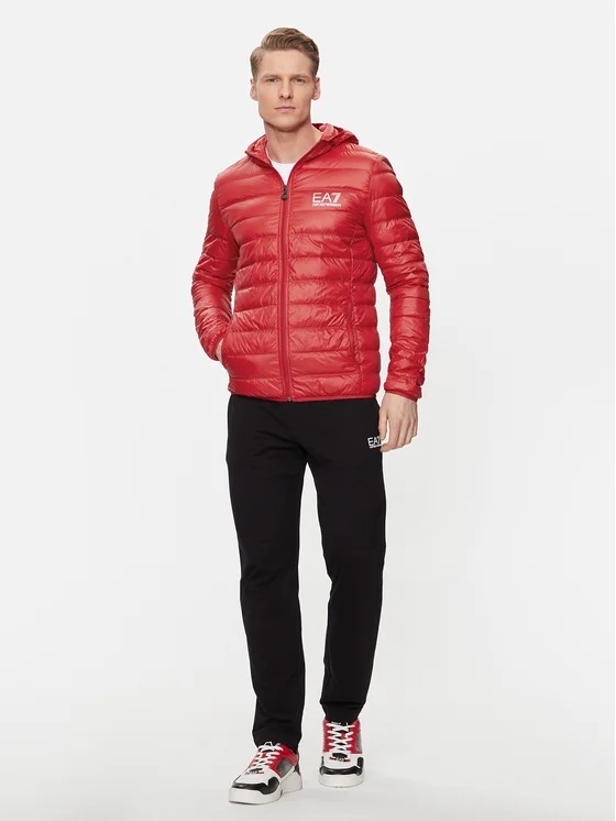 Ea7 Printed Hooded Down Jacket In Red
