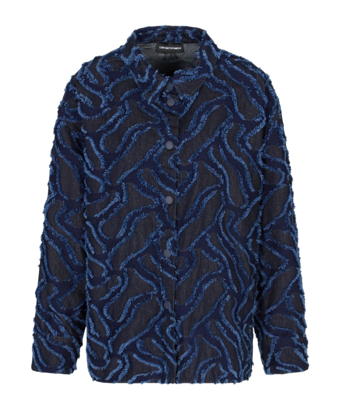 Emporio Armani Fringed Embossed-motif Jacquard Denim Shirt Jacket In Blue