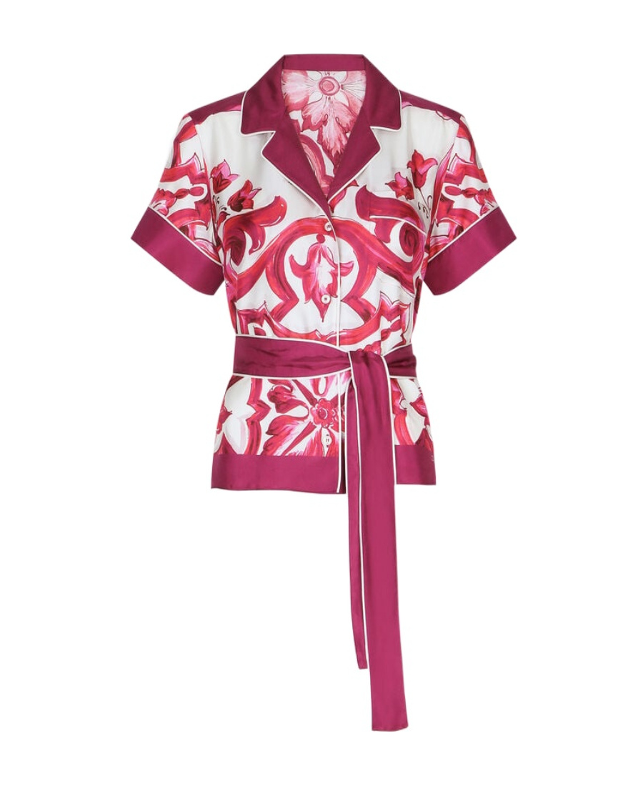 Dolce & Gabbana Maiolica Belted Piped Printed Silk-twill Shirt In Pink