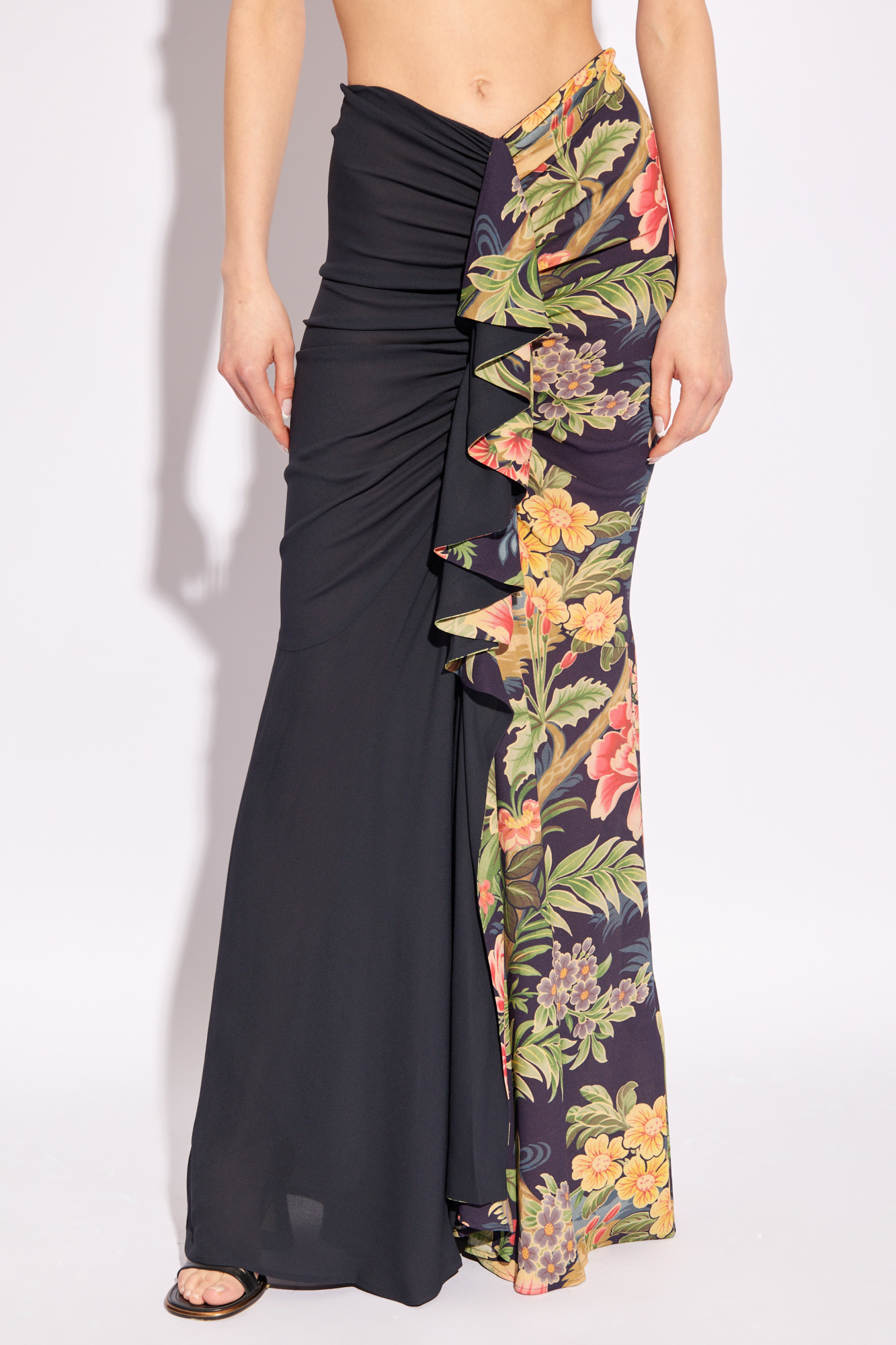 Etro Floral-print Draped Maxi Skirt In Black