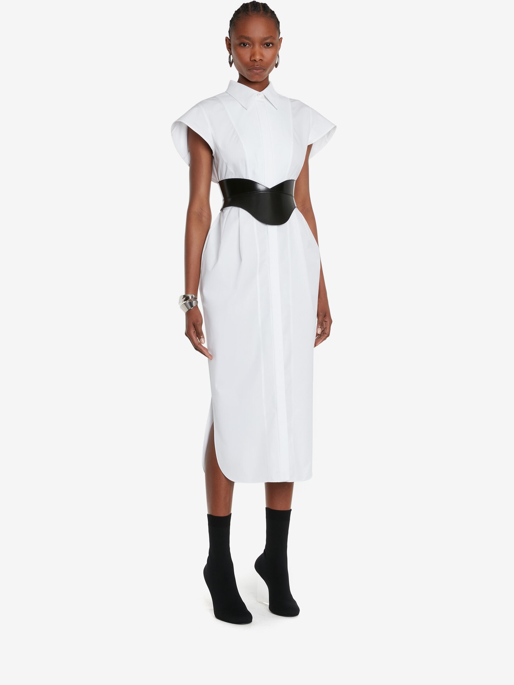 Alexander Mcqueen Collared Short-sleeved Midi Dress In White