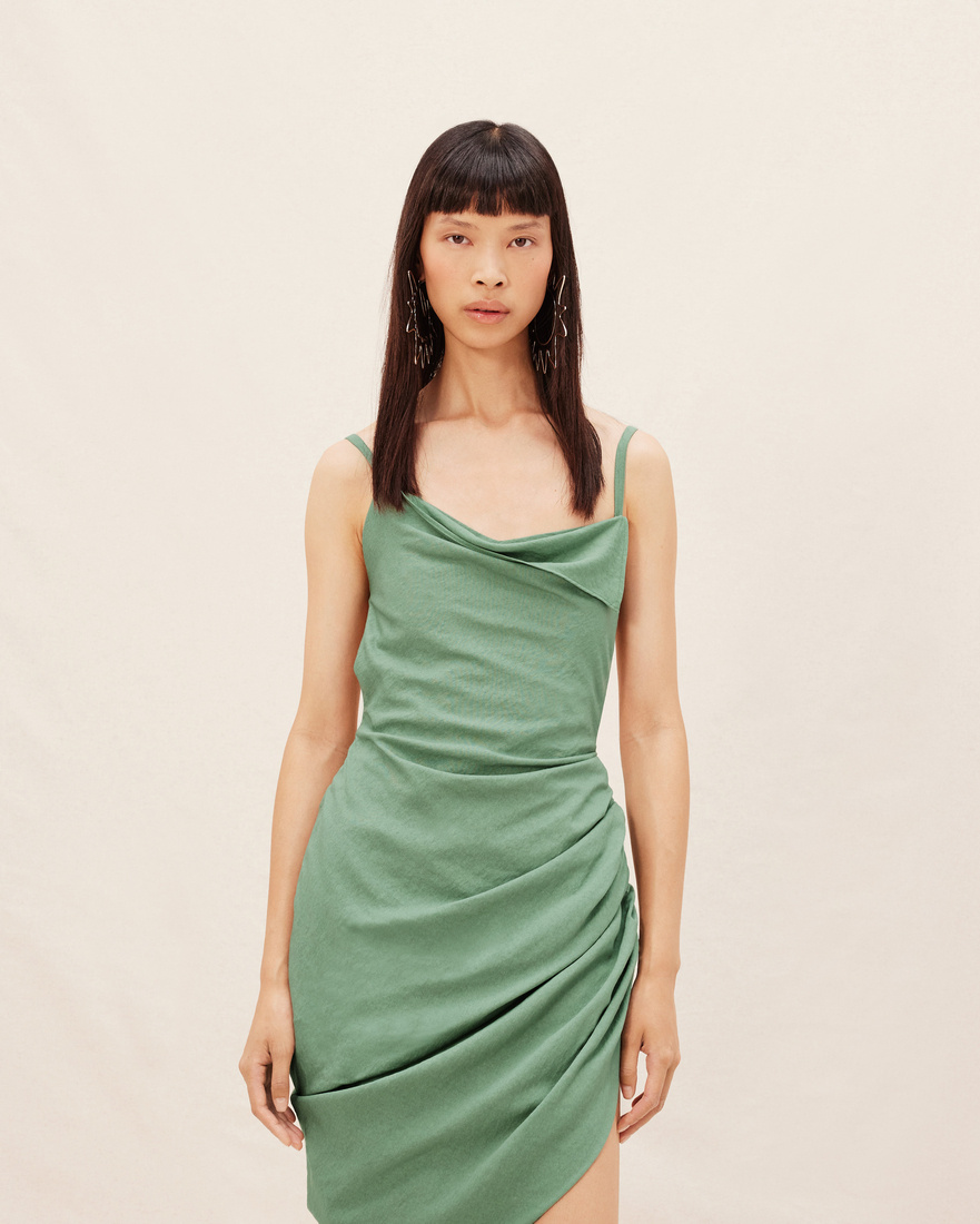 Jacquemus Ruched-detail Asymmetric Mini Dress In Green