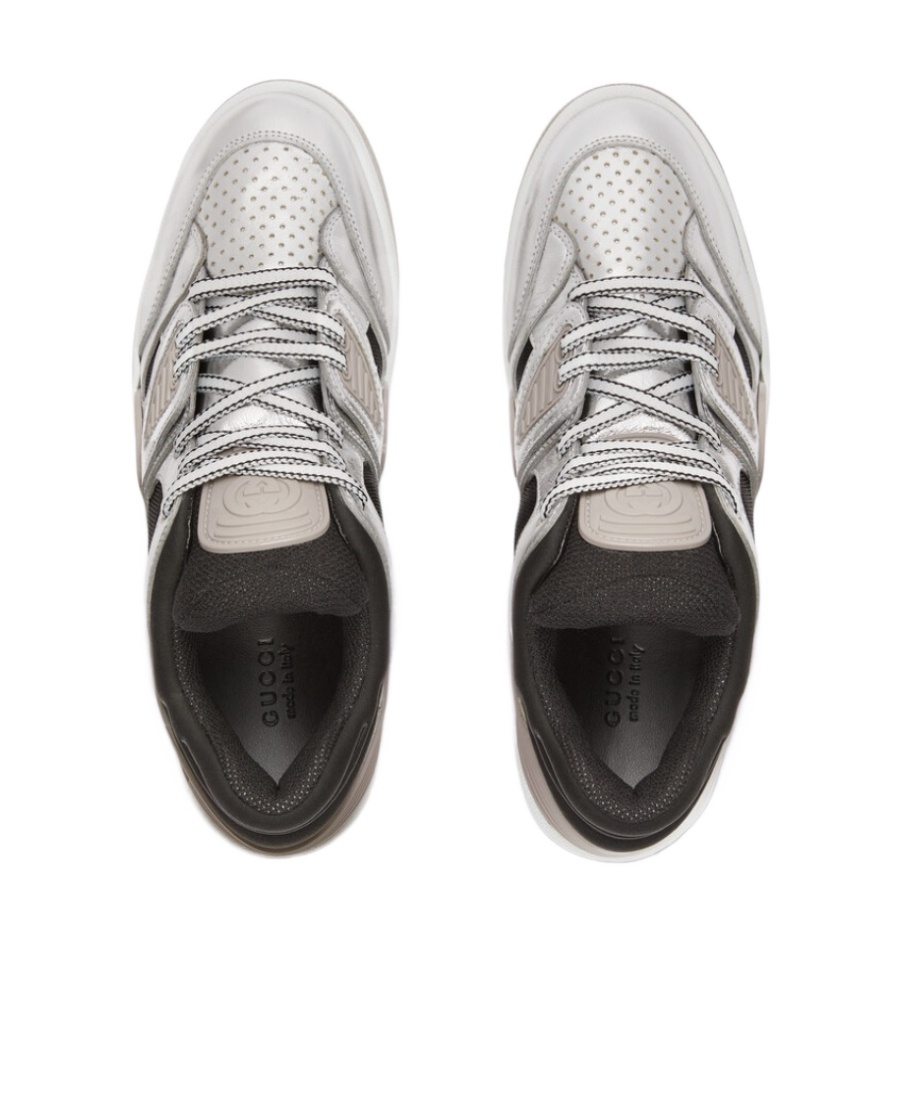 Gucci Elevate Your Style With This Silver And Black Metallic-leather Sneaker In Gray