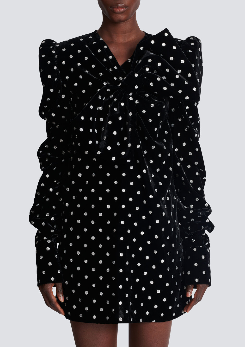 Shop Balmain Short Dress With A Large Bow And Glitter Polka Dots In Black