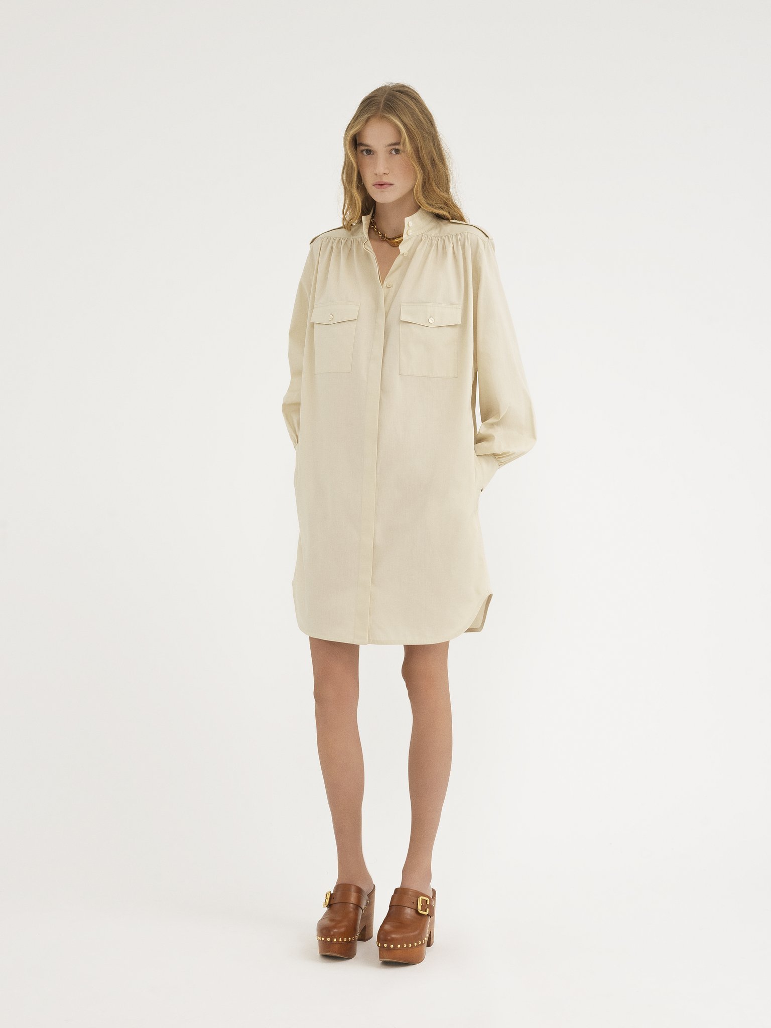 Chloé Utilitarian Shirt Dress In Light Cotton Poplin Brown Size 10 100% Cotton, Pinctada Maxima, Farmed, C In White