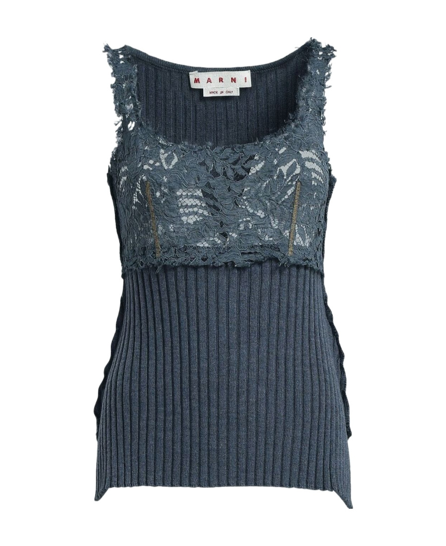 Marni Floral-lace Ribbed Knit Tank Top In Blue