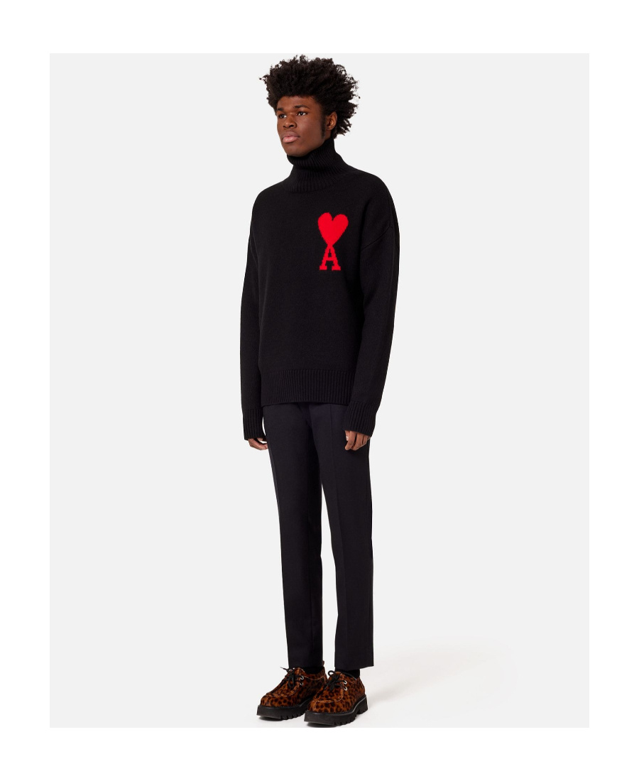 Ami Alexandre Mattiussi Ami Paris Funnel-neck Sweater With Heart Intarsia Design In Black